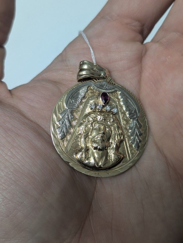 Yellow Gold 14kt 12g Ruby & .15ctw Diamond Jesus Pendant