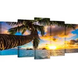 5 Panel Canvas Wall Art Tropical Beach Sunset Palm Tree Ocean Landscape Print