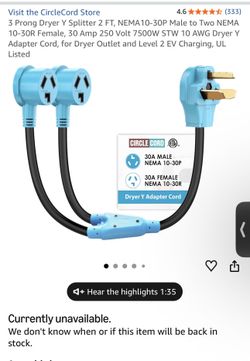 3 Prong Dryer Y Splitter 2 FT, NEMA10-30P Male to Two NEMA 10-30R Female, 30 Amp 250 Volt 7500W STW 10 AWG Dryer Y Adapter