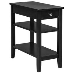 3-Tier Side End Table w/Drawer Double Shelf Narrow Nightstand Black JV10197bk