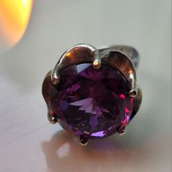 Vintage Sterling Silver Taxco Rong With Large Synthetic  Alexandrite Sz 7