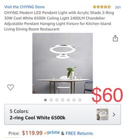 CHYING Modern LED Pendant Light with Acrylic Shade 2-Ring 30W Cool White 6500K Ceiling Light 2400LM Chandelier Adjustable Pendant Hanging Light Fixtu