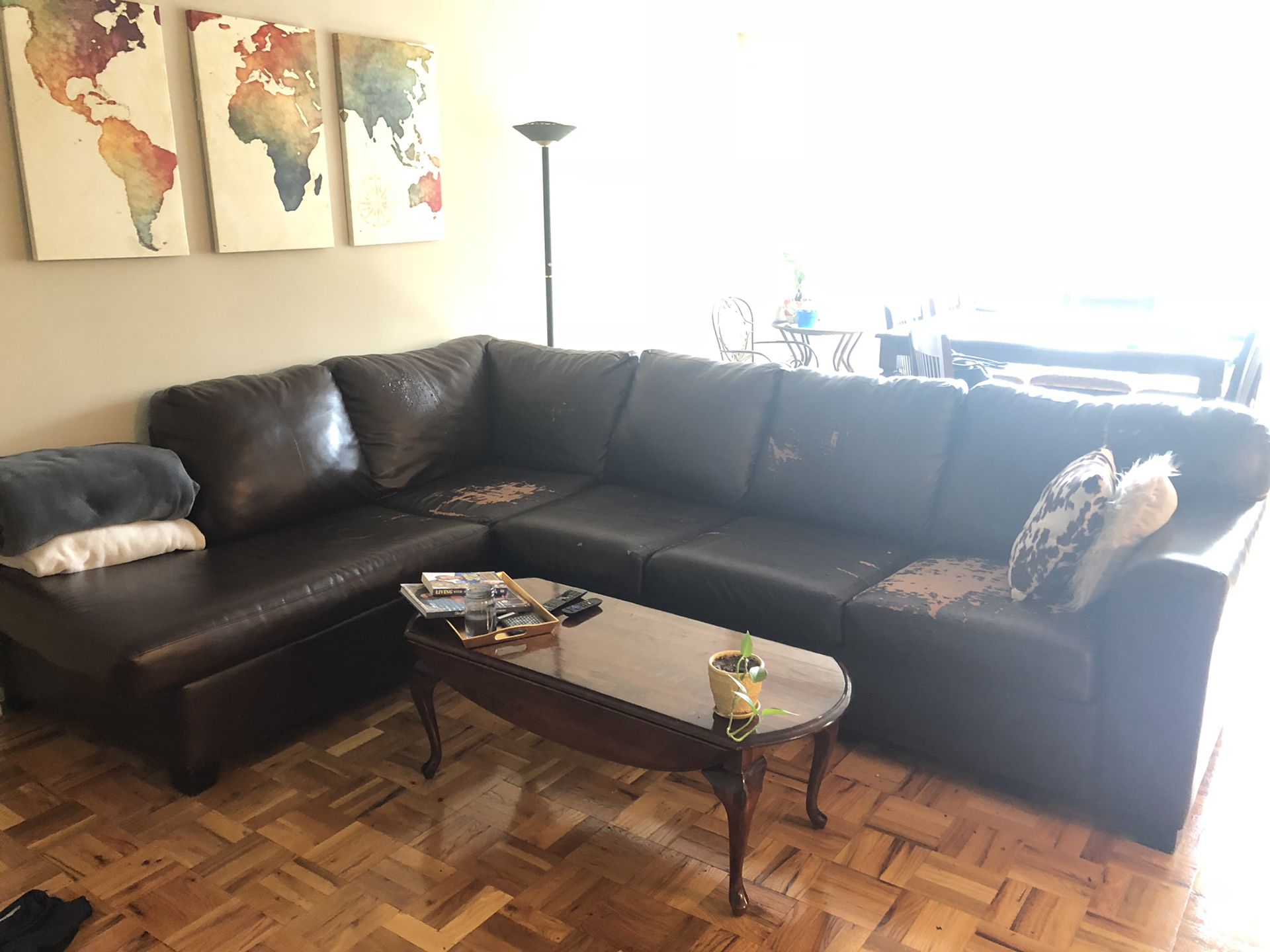 Brown leather sectional L couch