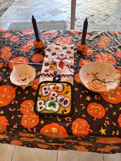 Halloween Round Table Cover, Candy Dishes, Candle Holders/Candles & Towel and Hot Holder Set
