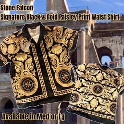 Stone Falcon Men's Black & Gold bold baroque medallion print Shirt, Size Medium or Large