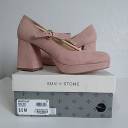 Sun+Stone- rose/pink suede size 8.5M maryjane platform block-heel shoes