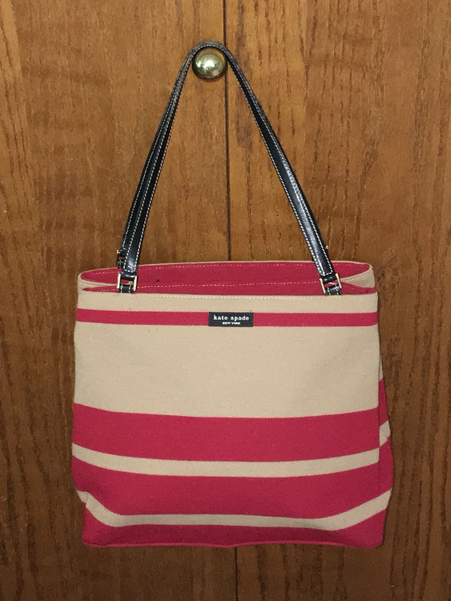 vintage Kate Spade New York canvas tote bag leather handles and bottom  striped