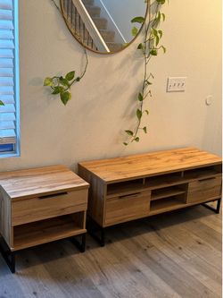 Matching Modern Oak Wood TV Stand + End Table Set | Black Metal Base | Excellent Condition