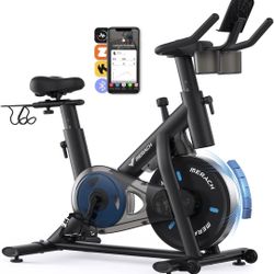 MERACH Exercise Bike, Brake Pad Stationary Bike with Exclusive App, Low Noise Indoor Cycling Bike with 300lbs Weight Capacity, Tablet Mount and Fitnes