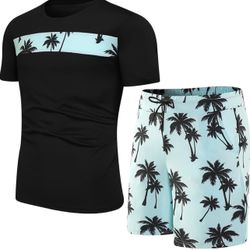 xl size Men's Hawaiian Tropical Print T-Shirt and Drawstring Shorts Set, Summer Beach Casual Wear, 2 Pieces