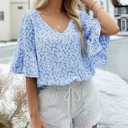 Floral Print V Neck Blouse, Casual Ruffle Sleeve Blouse For Spring & Summer, Women's Clothing Size 4