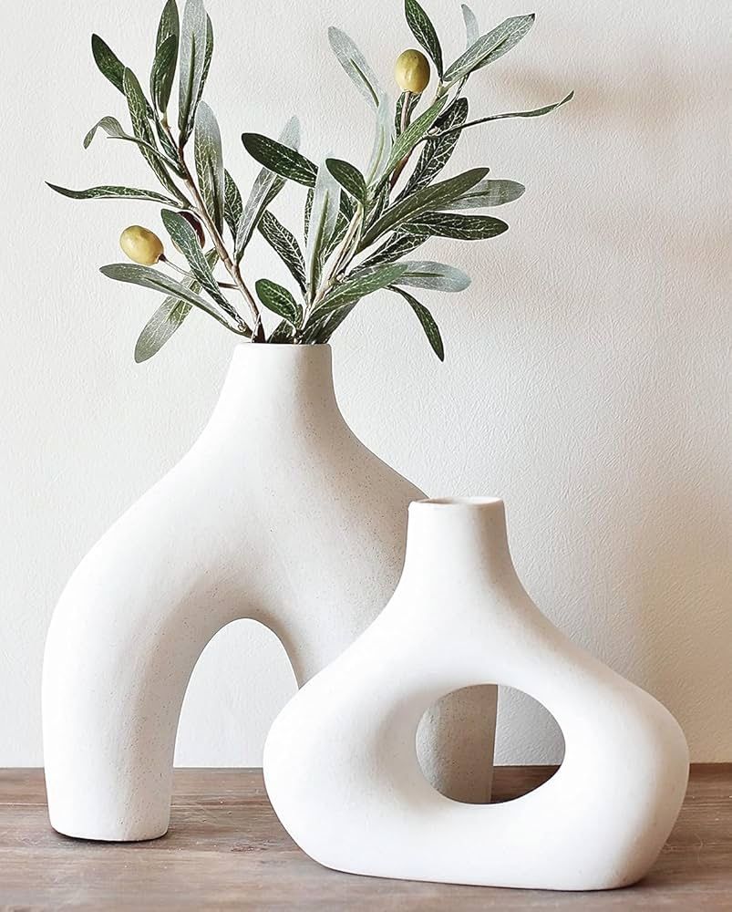 Doughnut Vase, Set of 2 – Large White Ceramic Vase – Minimalist Nordic Hollow | Centerpiece, Olive Plant, Wedding, Living Room, Bookshelf, Office, Mod