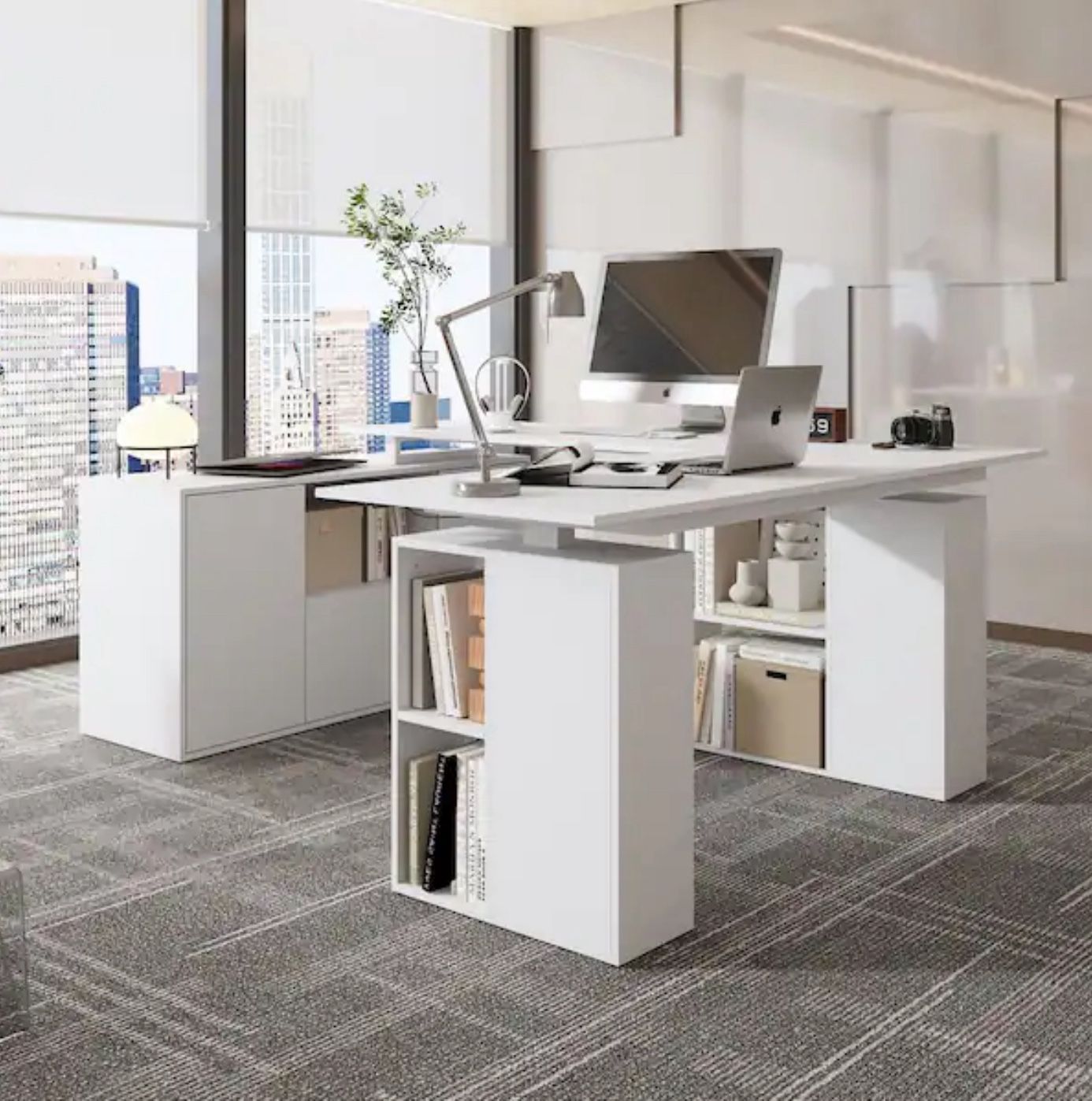 ☀️#3402 FUFU&GAGA 72.4 in. W U-Shaped White Wood Computer Desk Adjustable Height Desk Office Home Wo