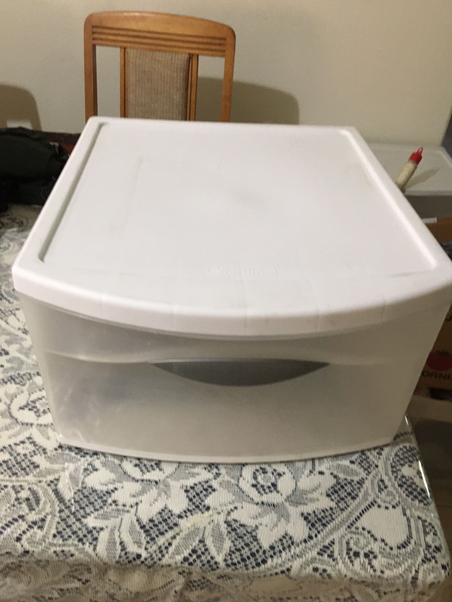 Plastic container for storage . Long 17 inches 1/2 width 15 inches 1/2 height 9 inches 1/2