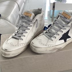 GOLDEN GOOSE Women’s Mid Star Leather Sneakers White Black Silver Size 39