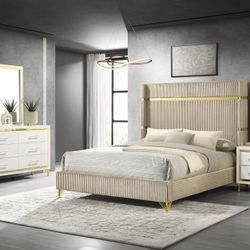 New 4 Piece Bedroom Set.  Velvet Upholstery/Chrome Trim.  Beige & White Or Grey & Black.  Free Delivery!