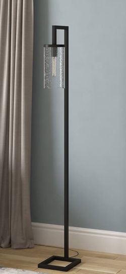 Modern Malva Floor Lamp With The Sleek Rectangular Metal Frame In a Blacken Bronze Finish and Cylindrical Glass Shade H68"