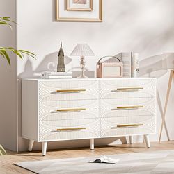 White Dresser for Bedroom with 6 Drawers, Wide Chest of Drawers, Double Wood Dressers TV Stand for 50" TV, Storage Cabinet for Living Room, Dorm, Hall