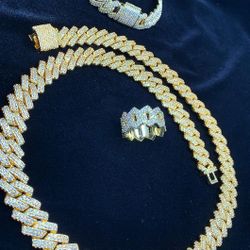 Full Ice Out Cuban Link Set 14k Gold Plated Doesn't Loses Color 
