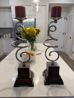 Tall Scroll Metal Candleholders with Wood Base – Set of 2