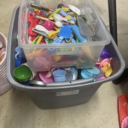 Large Container Of Play Kitchen Dishes And Utensils 