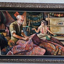 The Carpet Mender and His Daughter Oil Painting On Velvet Framed Arabic Art 47x34