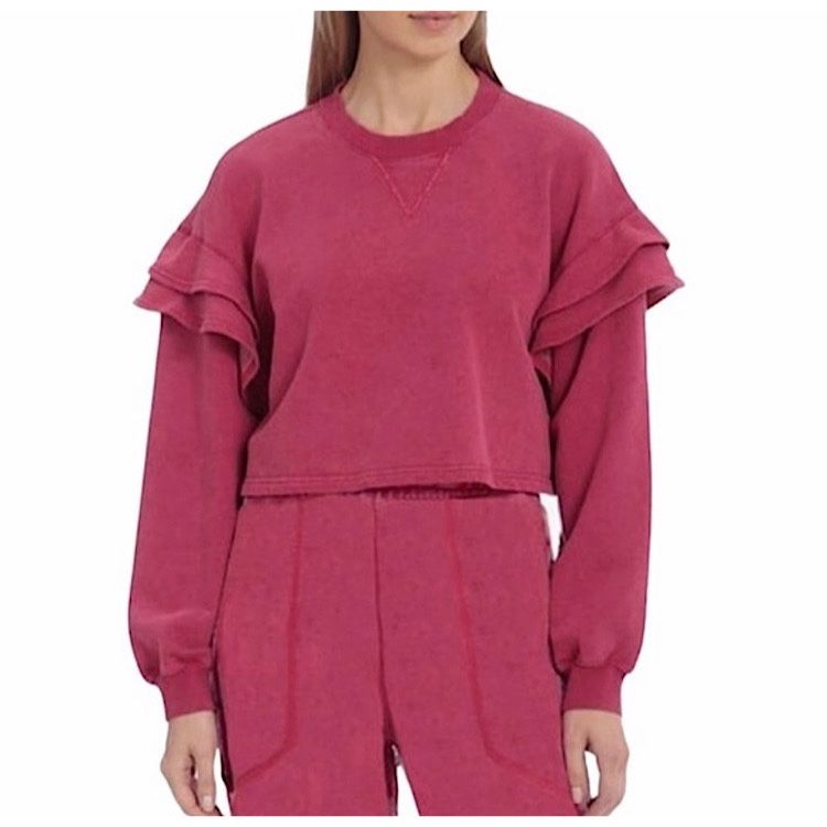 7 For All Mankind Raspberry Ruffle Cropped Top Sweatshirt Crewneck Sz L NWT