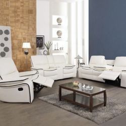 White Leather Fully Reclining Three Piece Couch Set 