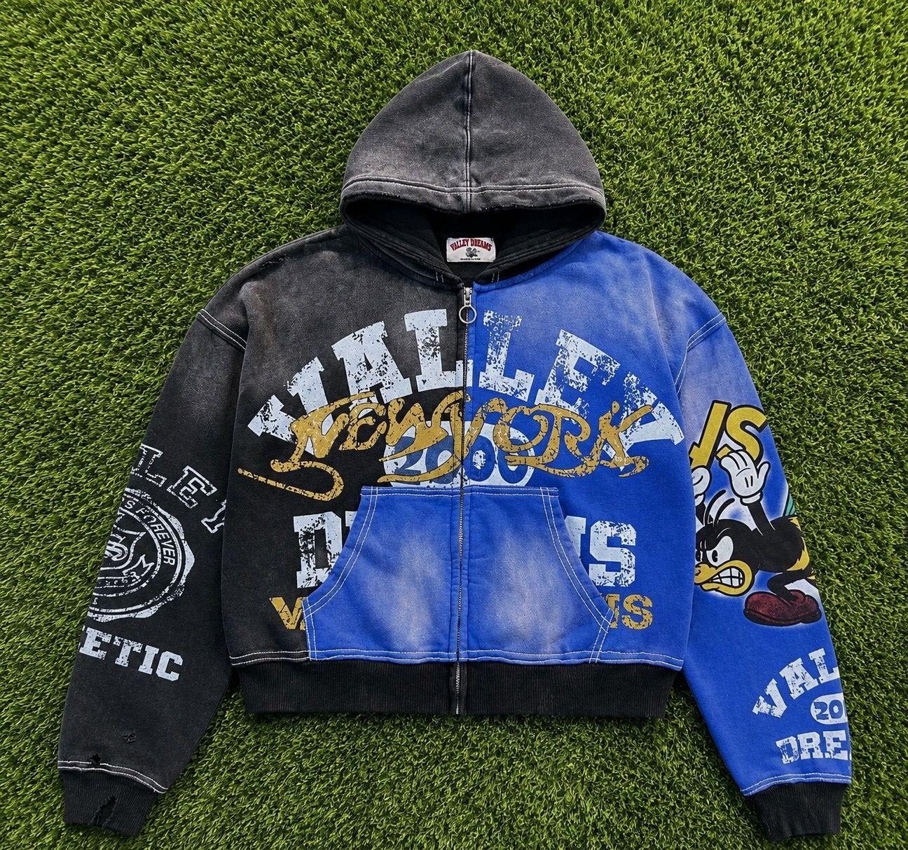 valley hoodie blue and yellow bee