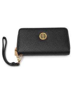 Black Zip Around Wristlet Wallet Pebbled Faux Leather Gold Tone Logo Large Clutch