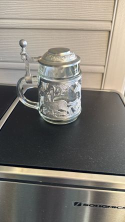 VINTIGE ZINN PEWTER STEIN 5” HIGH RELIEF STUNNING WEST.GERMANY BEER MUG GOOD COND…$60