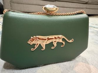 Green and black Leather Clutch with Gold Panther Detail