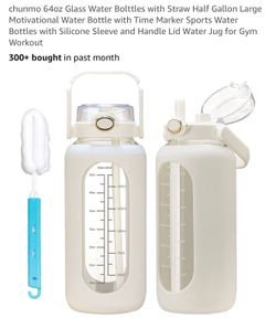 chunmo 64oz Glass Water Bolttles with Straw Half Gallon Large Motivational Water Bottle with Time Marker Sports Water Bottles with Silicone Sleeve and
