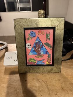 Colorful Folk Art Print - Hand, Eye and Triangle in Gold Leaf Frame