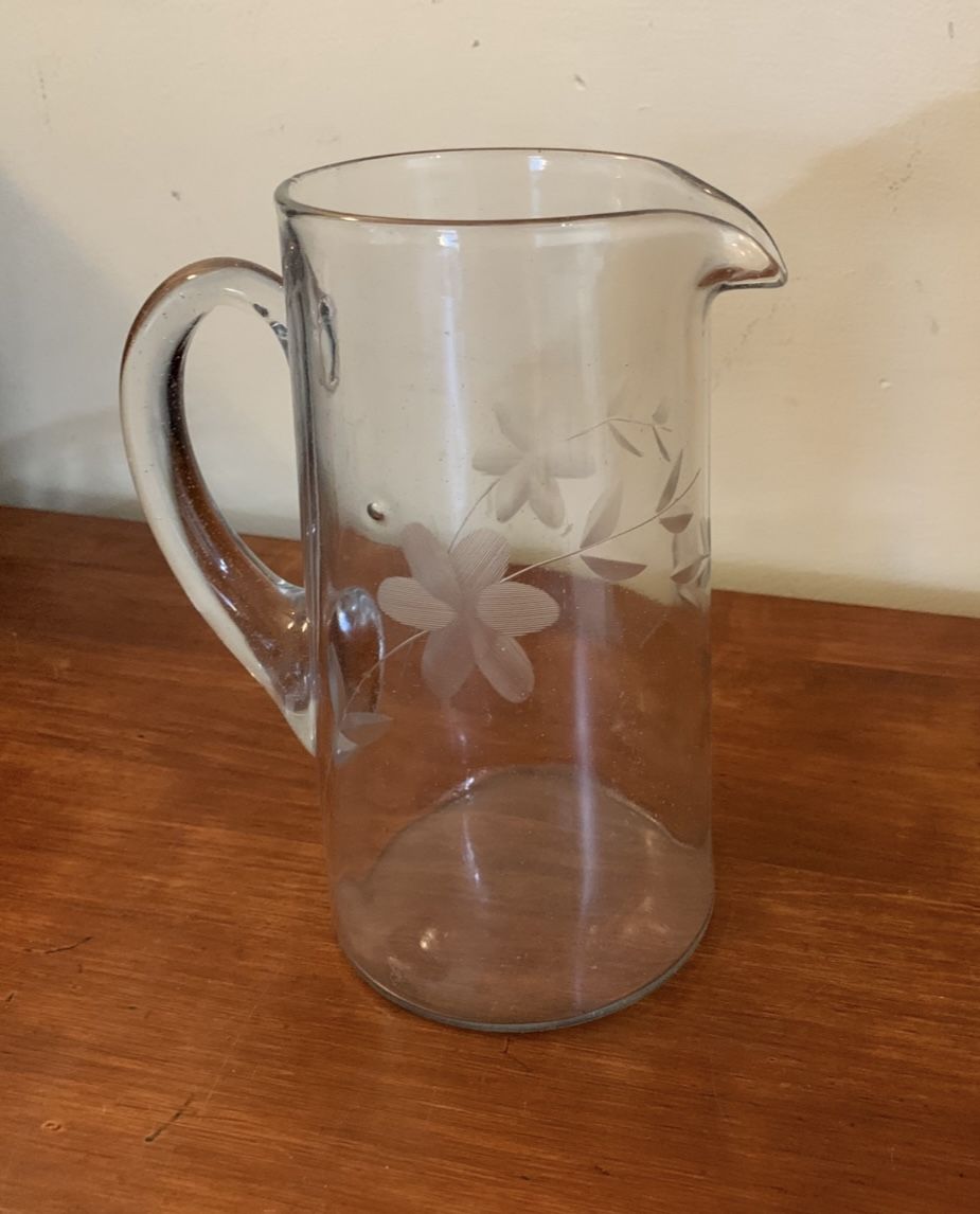 Vintage Mid-Century Etched Glass Pitcher 9” Tall Retro Floral Water Juice Jug