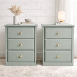 ✨ Frosted Sage Nightstand Pair – Antique Gold Hardware | Soft European Cottage Style