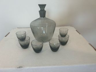 Vintage Smoked Glass Decanter Set with 6 Glasses
