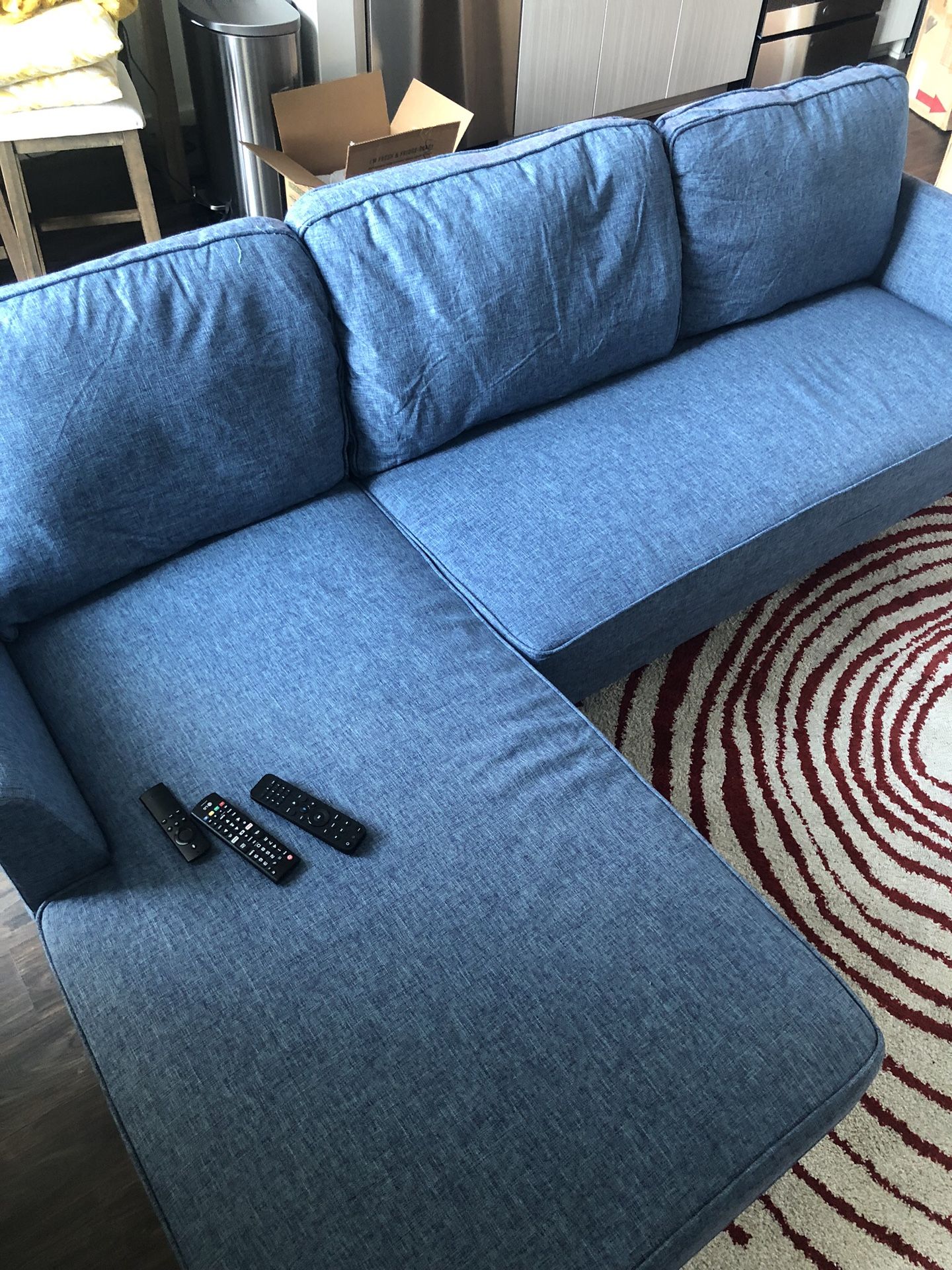 Navy Blue Tweed Sectional Sofa (Broken Board under Sofa)
