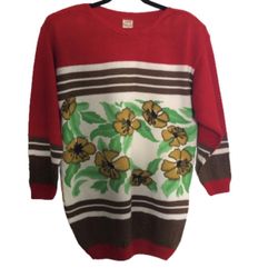 Vintage 1970s Luis tricot  floral tunic ugly retro red sweater wool sz m womens