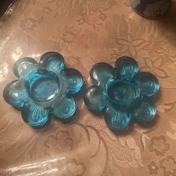 Blue Flower Glass Candle Holders 