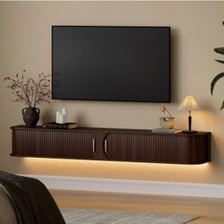DHH 71" Floating TV Stand with Power Outlet for TVs up to 80", Mid Century Modern TV Console with RGB LED Lights, Fluted Entertainment Center with Sli