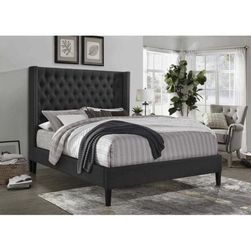 Gray Tufted Linen Platform Bed Frame