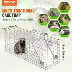 485#Live Animal Cage Trap, 24" x 8" x 8" Humane Cat Trap Galvanized Iron, Folding Animal Trap with Handle for Rabbits, Stray Cats, Squirrels, Raccoons