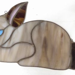 Antique Stained Glass Bunny Rabbit Panel in Browns w/ Pink & Blue 
