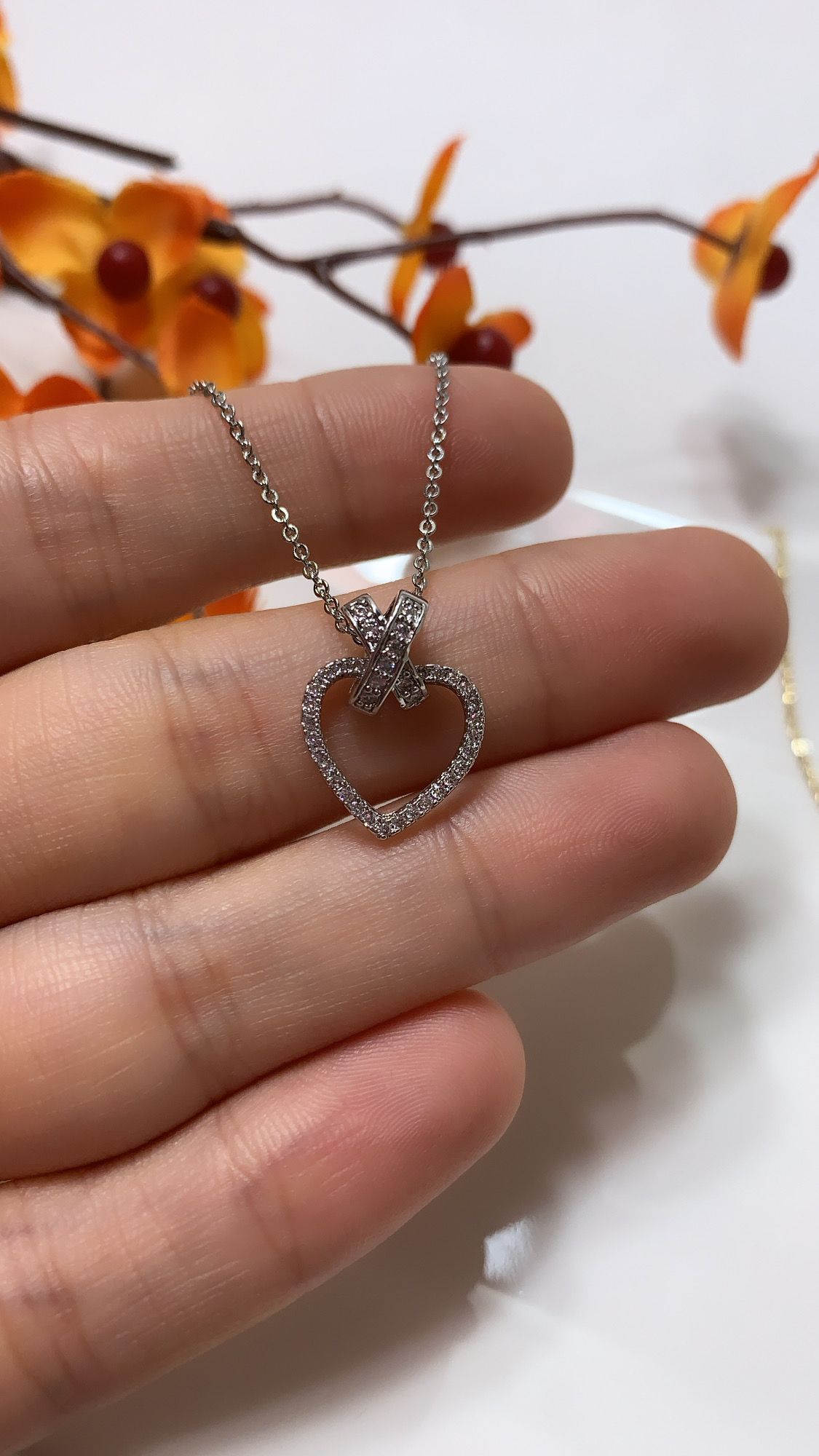 **NO FADE** Real Gold Plated Rhinestone Heart Pendant Necklace, Silver Color