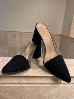 COCONUTS by MATISSE Black Suede And Clear-Panel Block Heel Mules