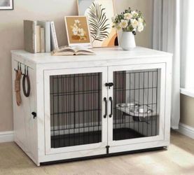 Piskyet Wooden Dog Crate Furniture with 360°Rotatable Removable Dog Bowls, Dog Crate End Table with Tray, Double Doors Dog Kennels for XLarge Dogs