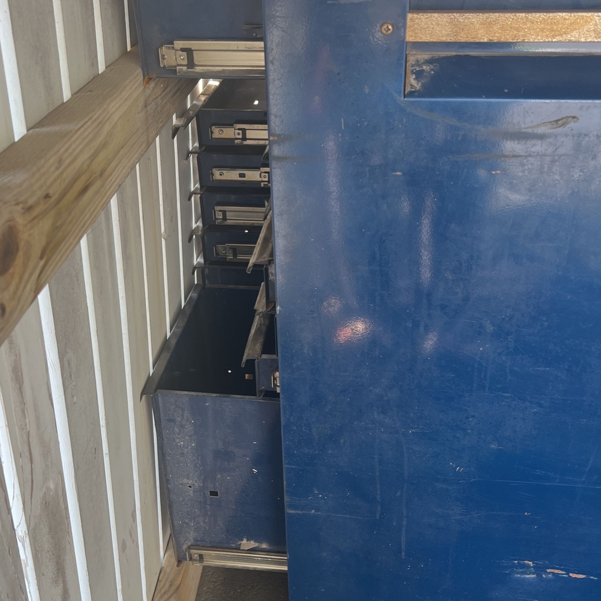 blue, metal storage or utility cart on wheels, l