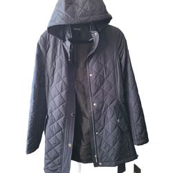 DKNY Women's Hooded Tie Waist Quilted Puffer Down Full Zip Jacket with Removable Hood size M