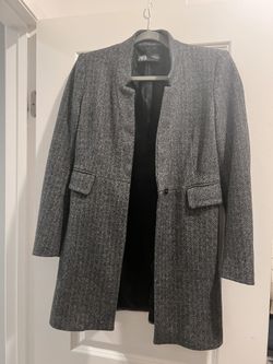 Zara Coat XS Womens Dark Gray Herringbone Single Button Front Overcoat Career